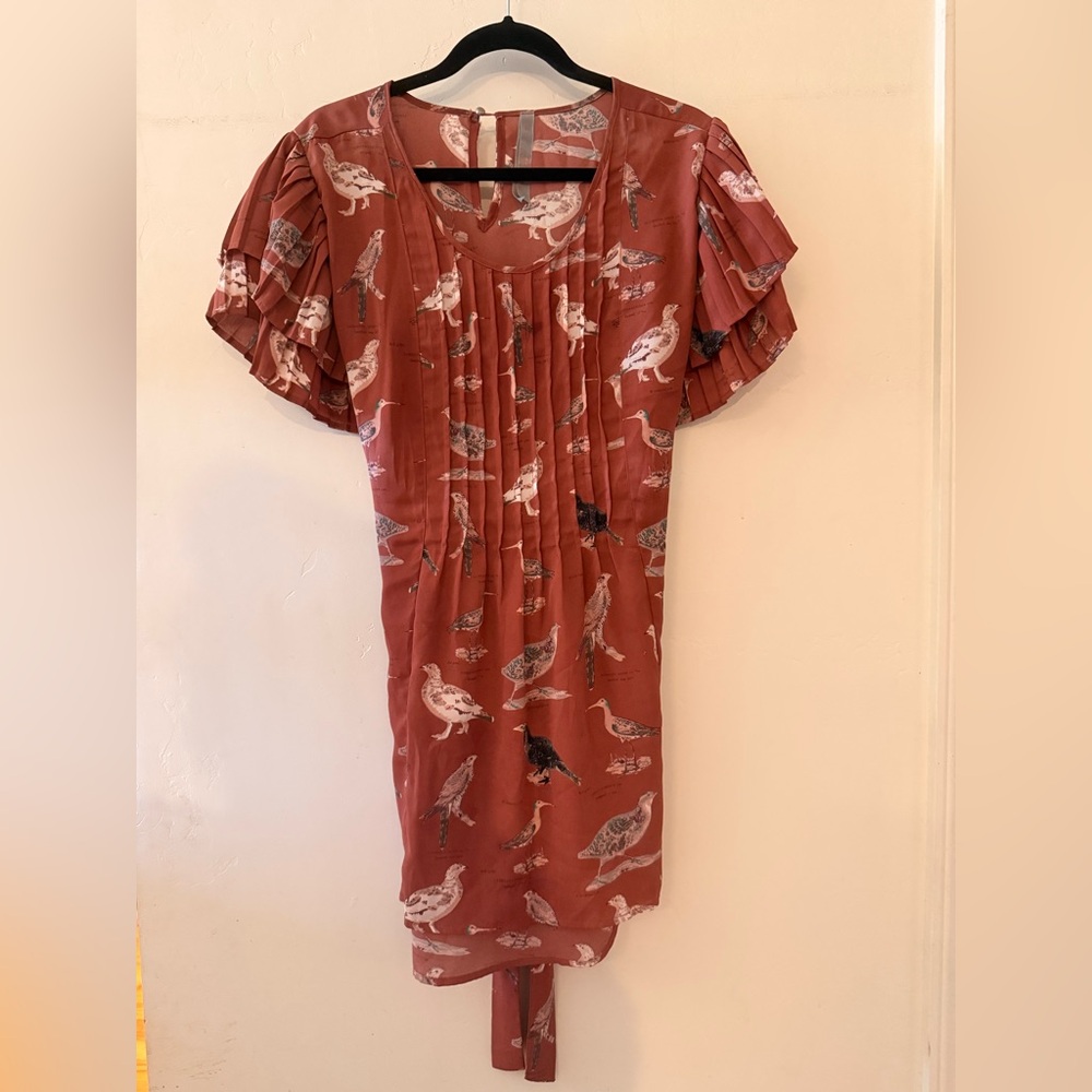 Seven by Melissa McCarthy Rust Bird Print Dress high/low tie back
